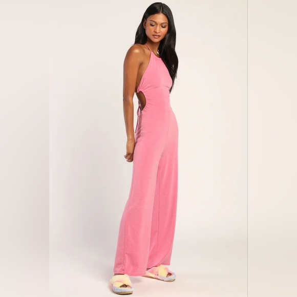 Lulu's Calm Cutie Pink Halter Wide Leg Lounge Jumpsuit - Picture 4 of 8
